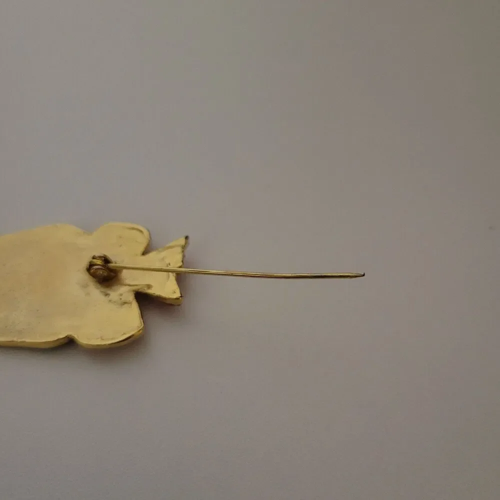Festive Gold Tone Enameled Brown Reindeer Pin White Antlers Red Bow